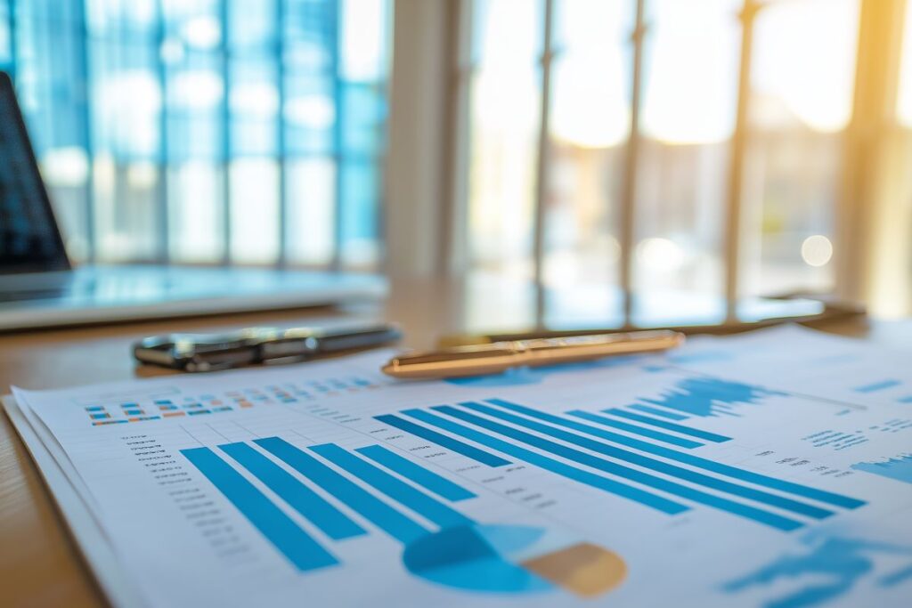 Relatório com gráficos financeiros sobre uma mesa de escritório iluminada pela luz natural. Regime Tributário.