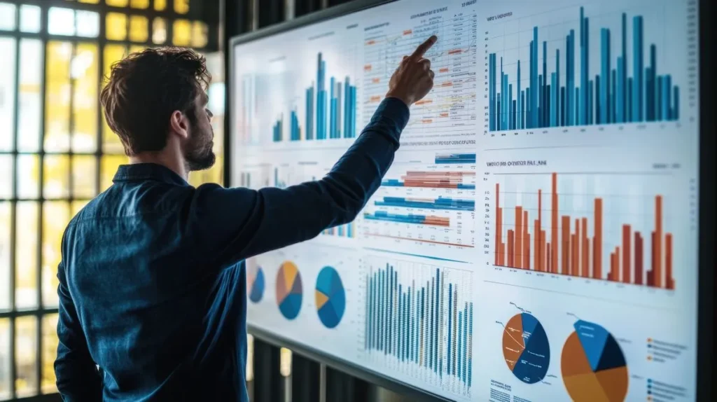 Homem a apresentar análise de dados empresariais com gráficos e relatórios num ecrã interativo