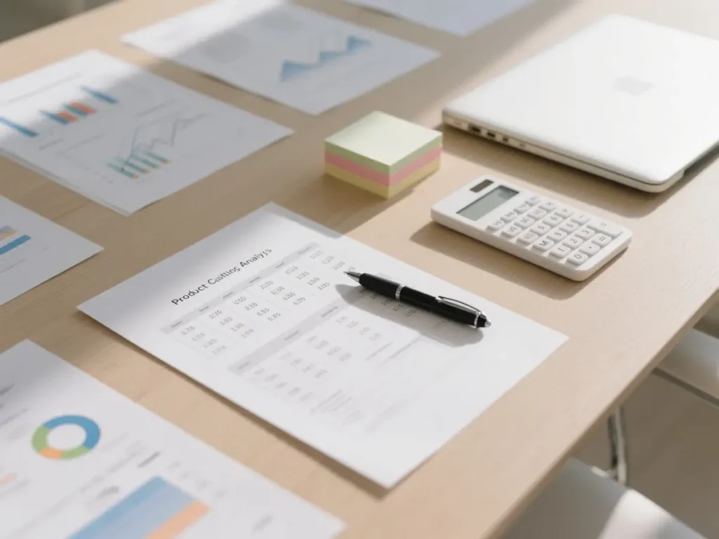 Secretária com relatórios financeiros, análise de custos, calculadora, portátil e caneta, representando um ambiente de trabalho organizado para planeamento tributário