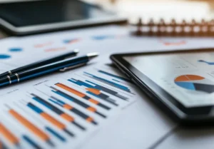 Gráficos e relatórios sobre mesa de trabalho com tablet e canetas, representando análise de dados financeiros no contexto de planeamento tributário