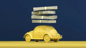Representação de financiamento automóvel com veículo e pilhas de dinheiro, simbolizando crédito automóvel e aquisição de viaturas.